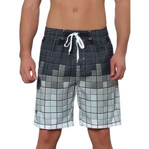Men's Hawaiian Drawstring Waist Color Block Plaid Board Shorts Gray